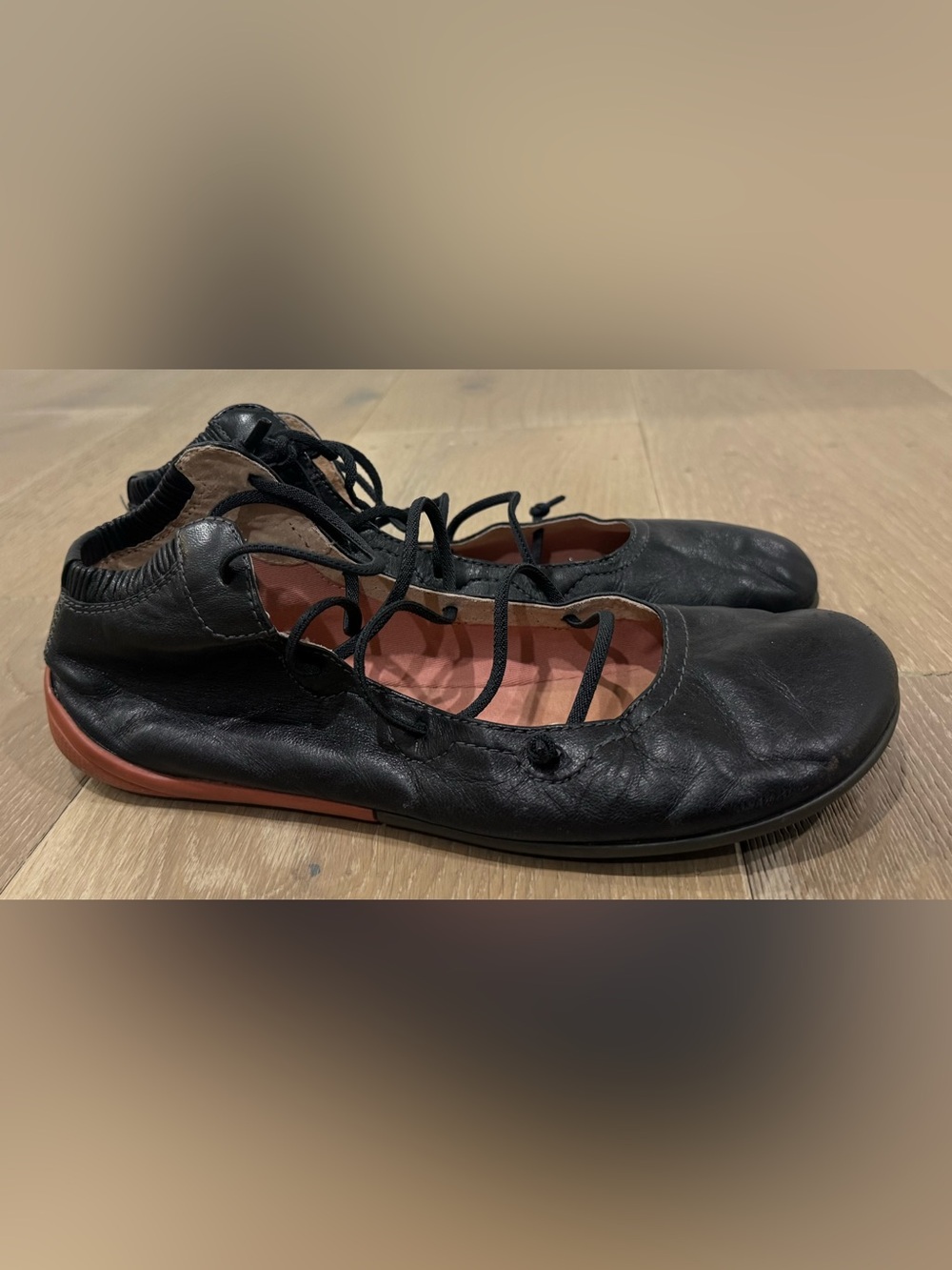 Camper Black Lace-Up Ballet Flats with Terracotta Accent
